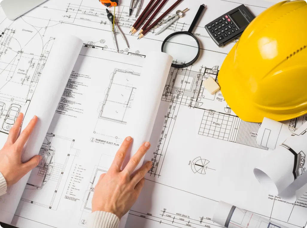 A person with a hard hat on top of a blueprint.